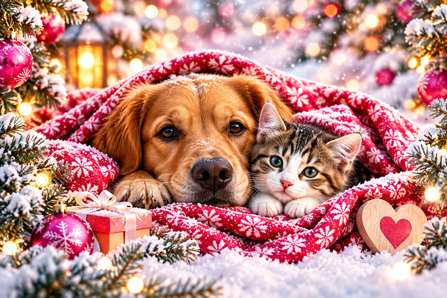 Ein Hund und eine Katze in einer rosa Decke